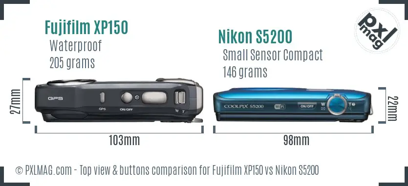 Fujifilm XP150 vs Nikon S5200 top view buttons comparison