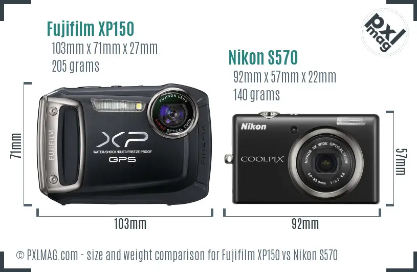 Fujifilm XP150 vs Nikon S570 size comparison