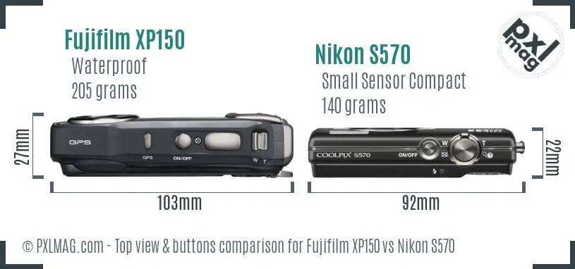 Fujifilm XP150 vs Nikon S570 top view buttons comparison