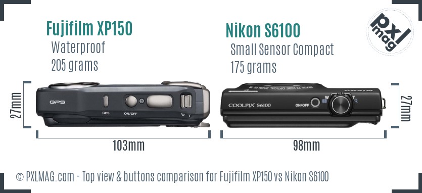 Fujifilm XP150 vs Nikon S6100 top view buttons comparison