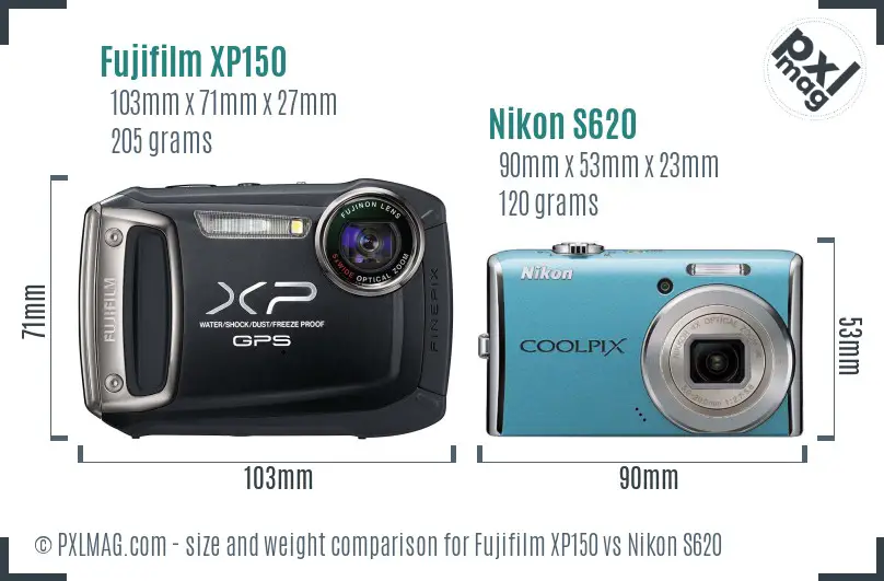 Fujifilm XP150 vs Nikon S620 size comparison