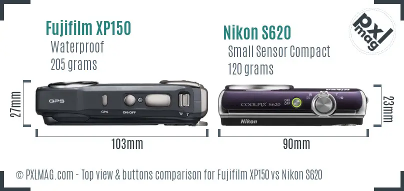 Fujifilm XP150 vs Nikon S620 top view buttons comparison