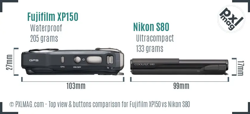 Fujifilm XP150 vs Nikon S80 top view buttons comparison