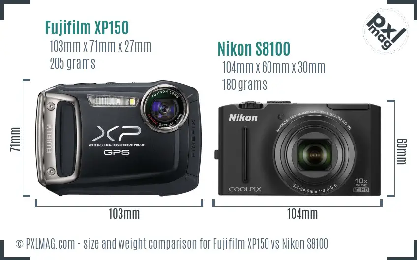 Size comparison of Fujifilm XP150 and Nikon S8100