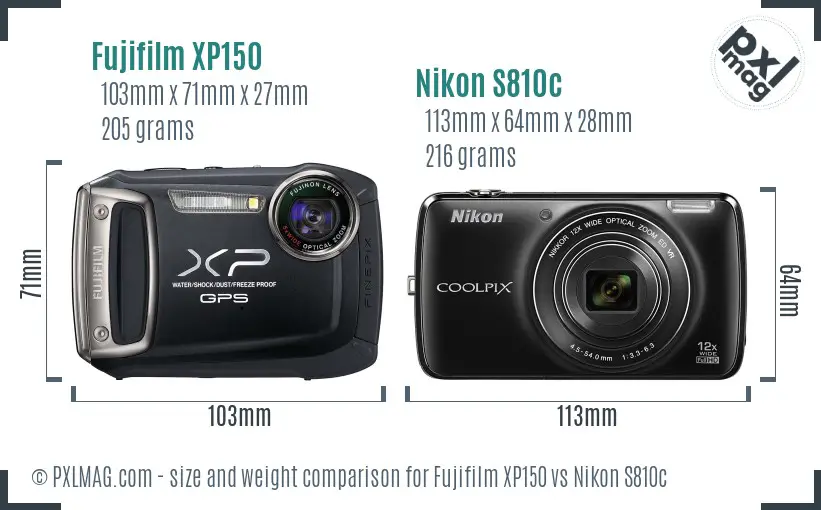 Fujifilm XP150 vs Nikon S810c size comparison