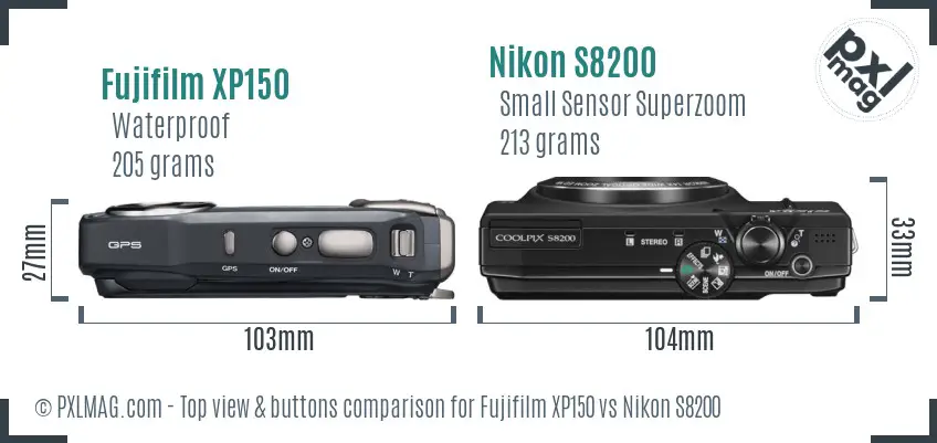 Fujifilm XP150 vs Nikon S8200 top view buttons comparison