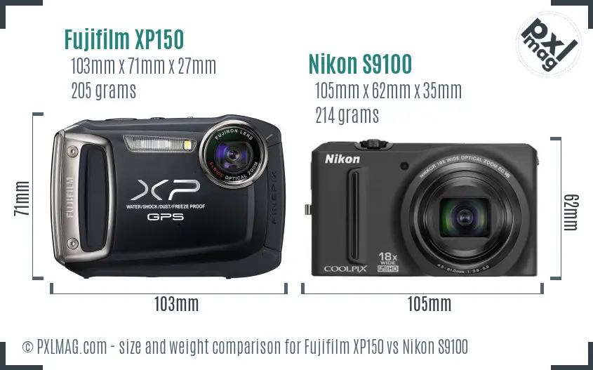 Fujifilm XP150 vs Nikon S9100 size comparison
