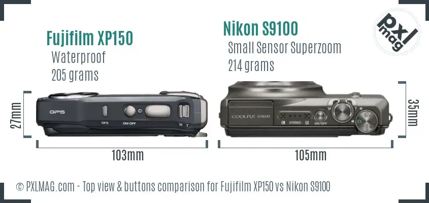 Fujifilm XP150 vs Nikon S9100 top view buttons comparison