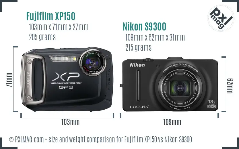 Fujifilm XP150 vs Nikon S9300 size comparison