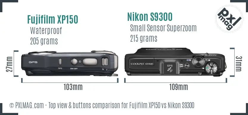 Fujifilm XP150 vs Nikon S9300 top view buttons comparison