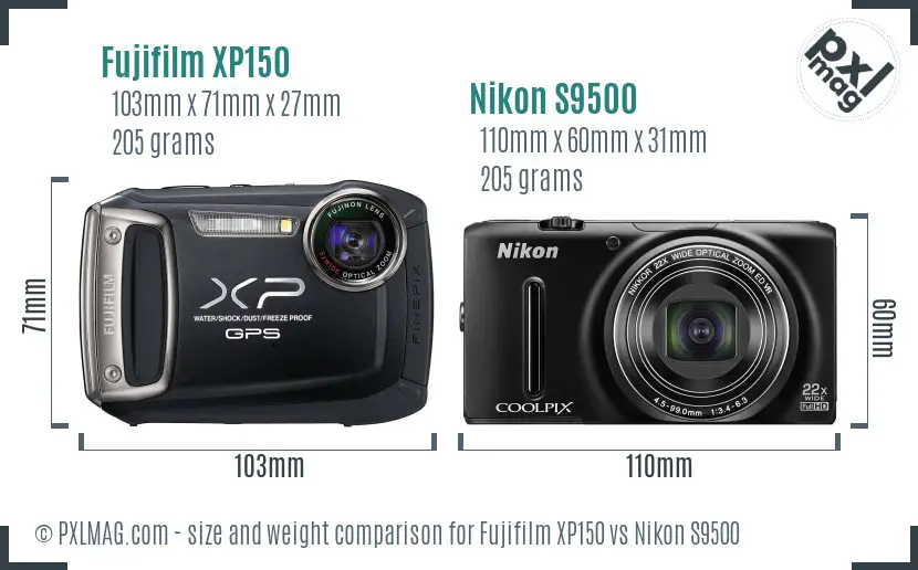 Fujifilm XP150 vs Nikon S9500 size comparison
