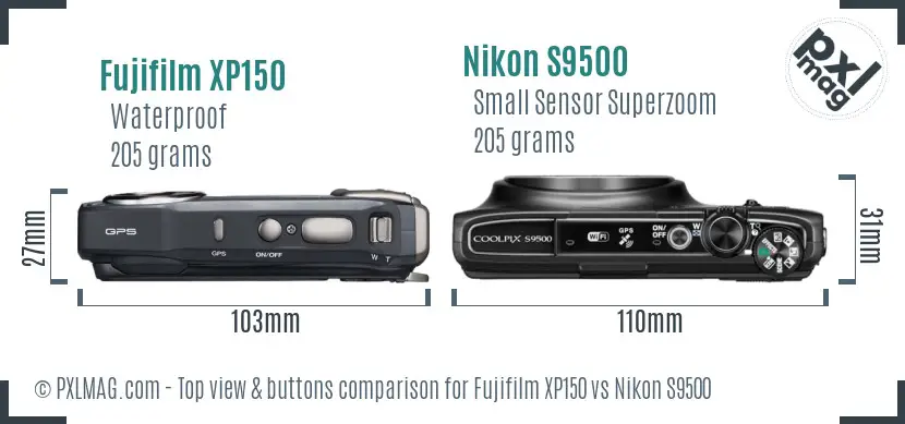 Fujifilm XP150 vs Nikon S9500 top view buttons comparison