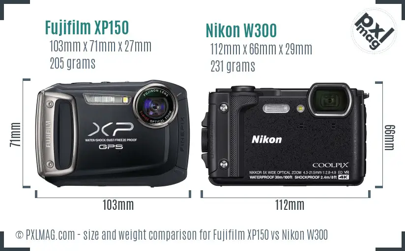 Fujifilm XP150 vs Nikon W300 size comparison