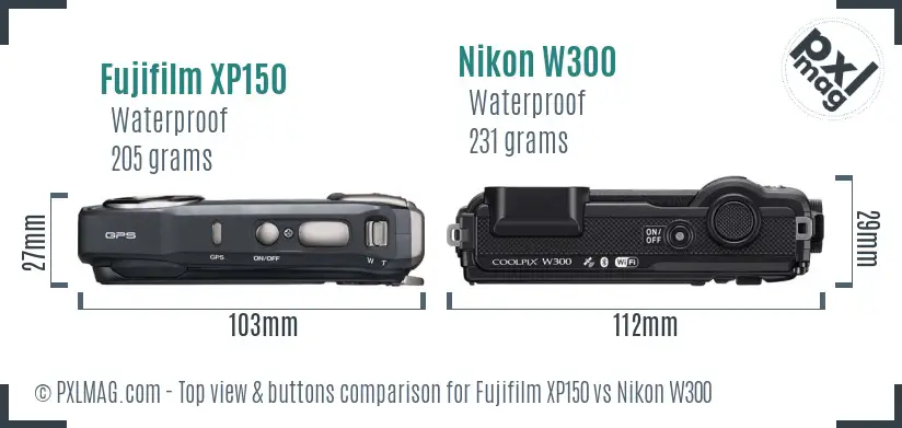 Fujifilm XP150 vs Nikon W300 top view buttons comparison