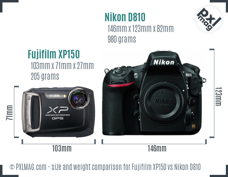Fujifilm XP150 vs Nikon D810 size comparison