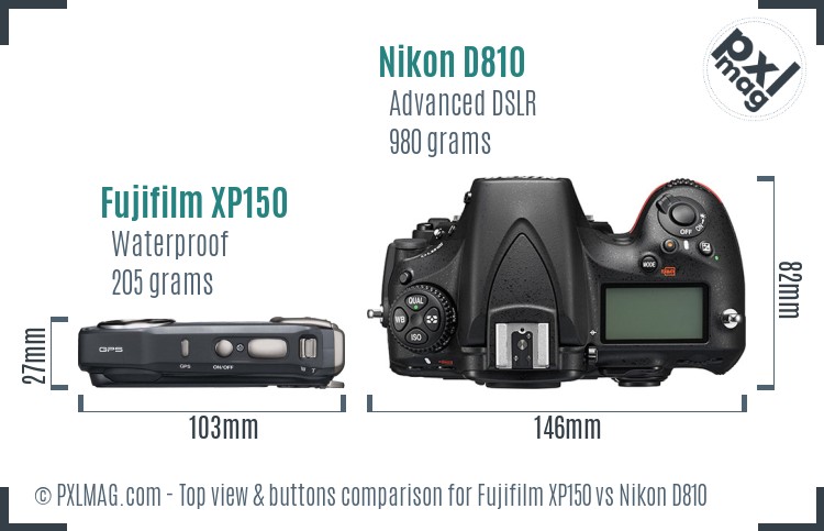 Fujifilm XP150 vs Nikon D810 top view buttons comparison