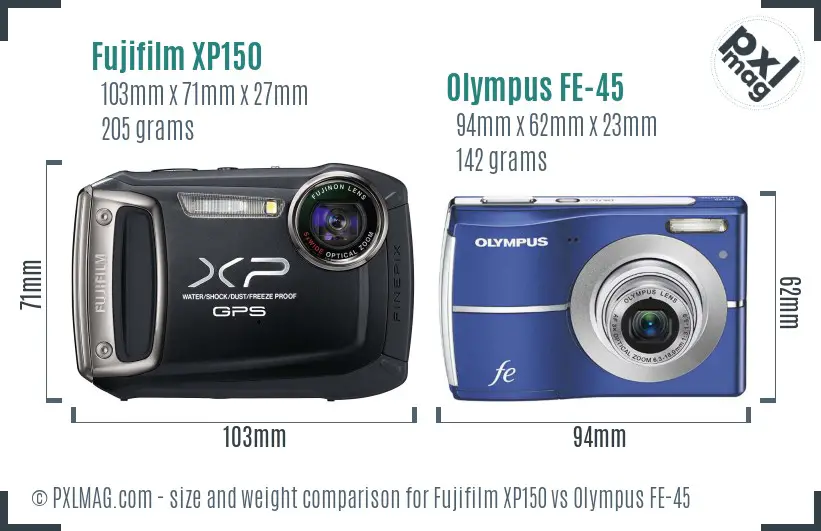 Fujifilm XP150 vs Olympus FE-45 size comparison