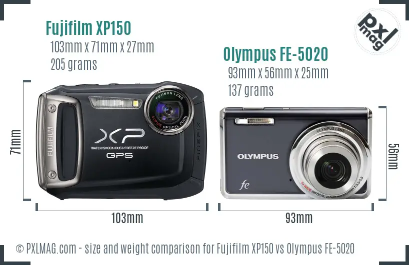 Fujifilm XP150 vs Olympus FE-5020 size comparison