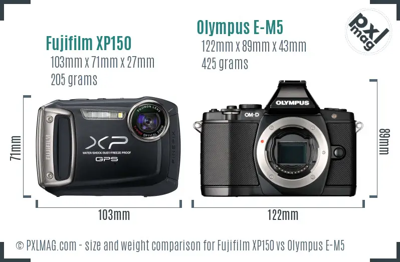 Fujifilm XP150 vs Olympus E-M5 size comparison