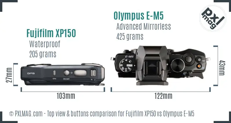 Fujifilm XP150 vs Olympus E-M5 top view buttons comparison