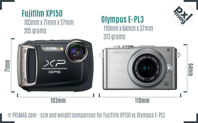 Fujifilm XP150 vs Olympus E-PL3 size comparison