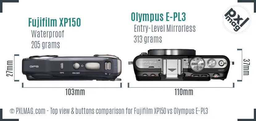 Fujifilm XP150 vs Olympus E-PL3 top view buttons comparison