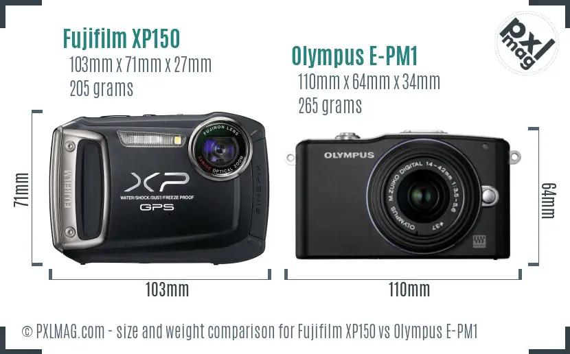 Fujifilm XP150 vs Olympus E-PM1 size comparison