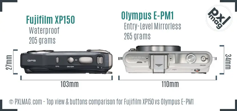 Fujifilm XP150 vs Olympus E-PM1 top view buttons comparison