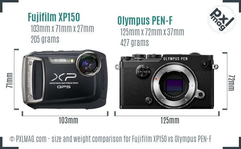 Fujifilm XP150 vs Olympus PEN-F size comparison