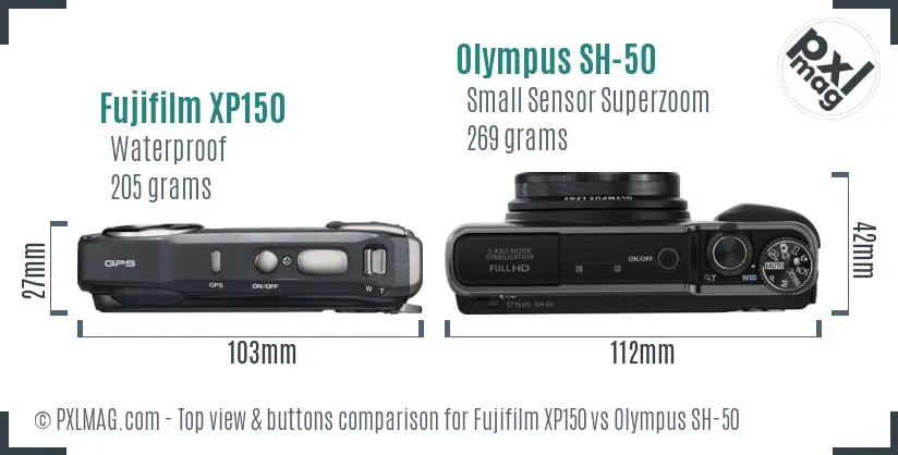 Fujifilm XP150 vs Olympus SH-50 top view buttons comparison Fujifilm XP150 vs Olympus SH-50 top view buttons comparison
