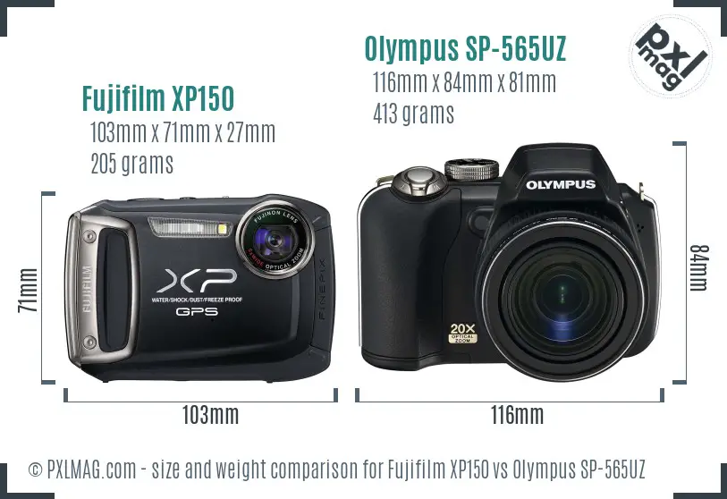 Fujifilm XP150 vs Olympus SP-565UZ size comparison