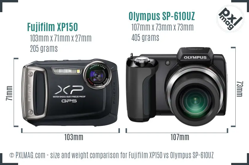 Fujifilm XP150 vs Olympus SP-610UZ size comparison