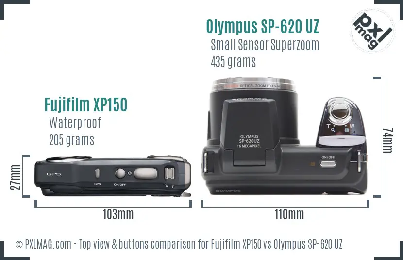 Fujifilm XP150 vs Olympus SP-620 UZ top view buttons comparison Fujifilm XP150 vs Olympus SP-620 UZ top view buttons comparison