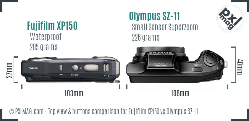 Fujifilm XP150 vs Olympus SZ-11 top view buttons comparison Fujifilm XP150 vs Olympus SZ-11 top view buttons comparison