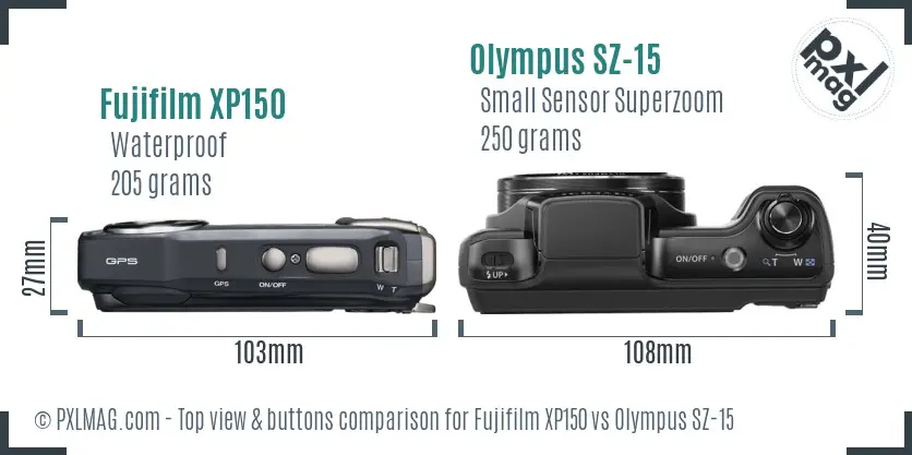 Fujifilm XP150 vs Olympus SZ-15 top view buttons comparison Fujifilm XP150 vs Olympus SZ-15 top view buttons comparison