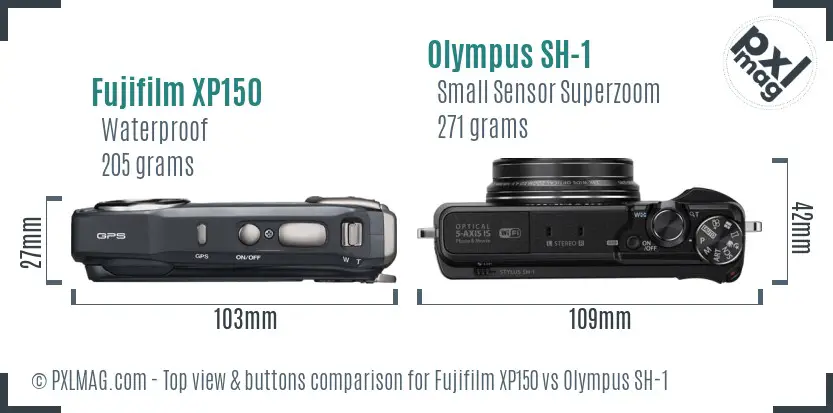 Fujifilm XP150 vs Olympus SH-1 top view buttons comparison