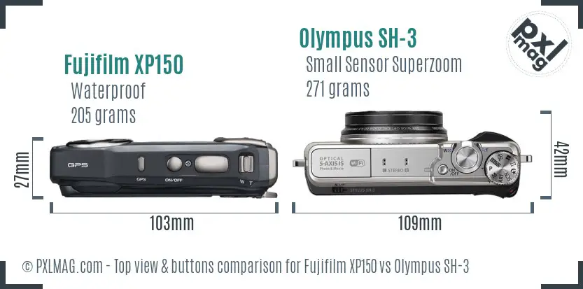 Fujifilm XP150 vs Olympus SH-3 top view buttons comparison