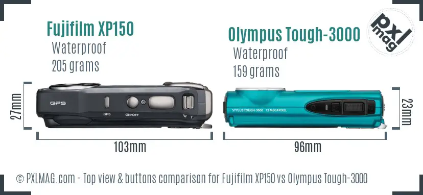 Fujifilm XP150 vs Olympus Tough-3000 top view buttons comparison Fujifilm XP150 vs Olympus Tough-3000 top view buttons comparison