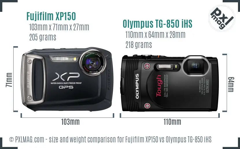 Fujifilm XP150 vs Olympus TG-850 iHS size comparison