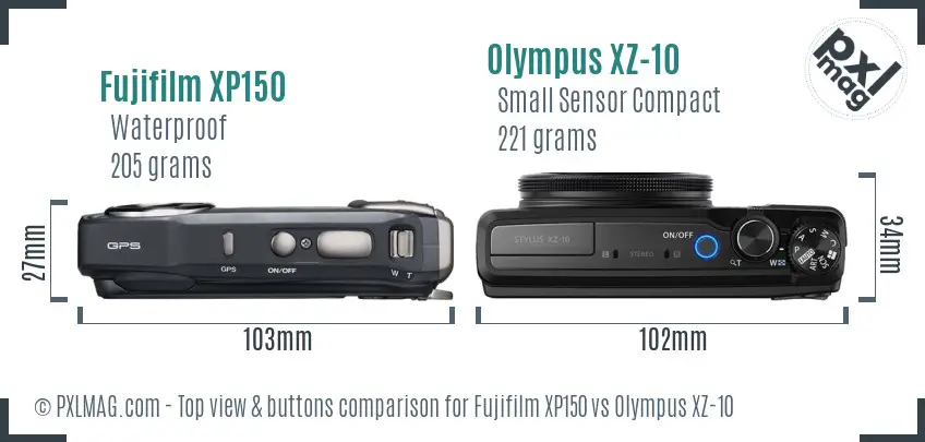 Fujifilm XP150 vs Olympus XZ-10 top view buttons comparison Fujifilm XP150 vs Olympus XZ-10 top view buttons comparison