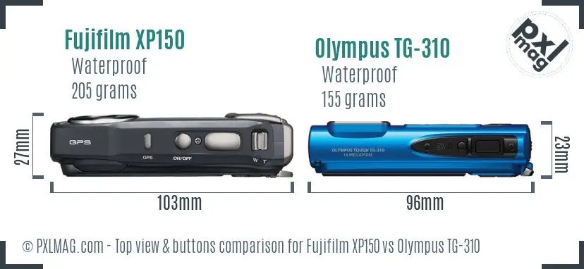 Fujifilm XP150 vs Olympus TG-310 top view buttons comparison Fujifilm XP150 vs Olympus TG-310 top view buttons comparison