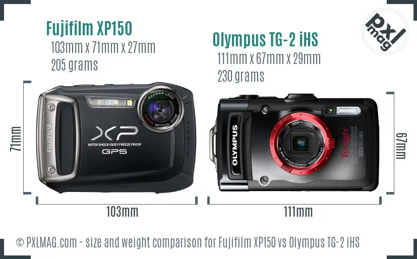 Fujifilm XP150 vs Olympus TG-2 iHS size comparison