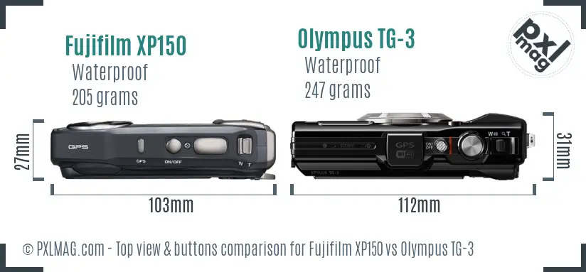 Fujifilm XP150 vs Olympus TG-3 top view buttons comparison
