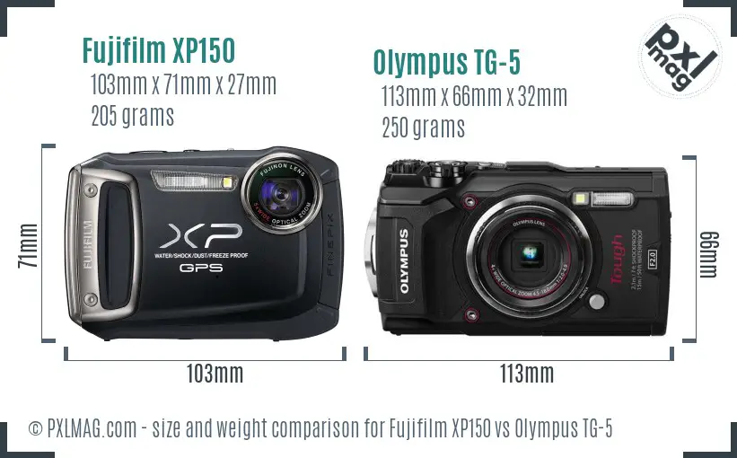 Fujifilm XP150 vs Olympus TG-5 size comparison