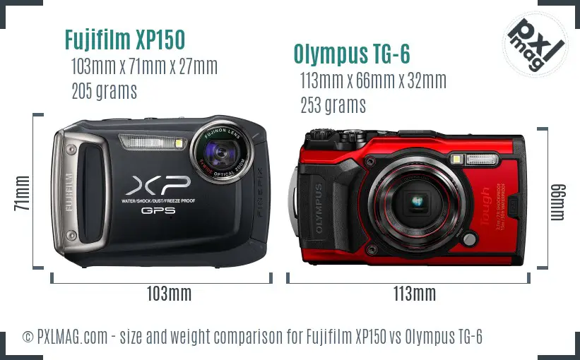 Fujifilm XP150 vs Olympus TG-6 size comparison