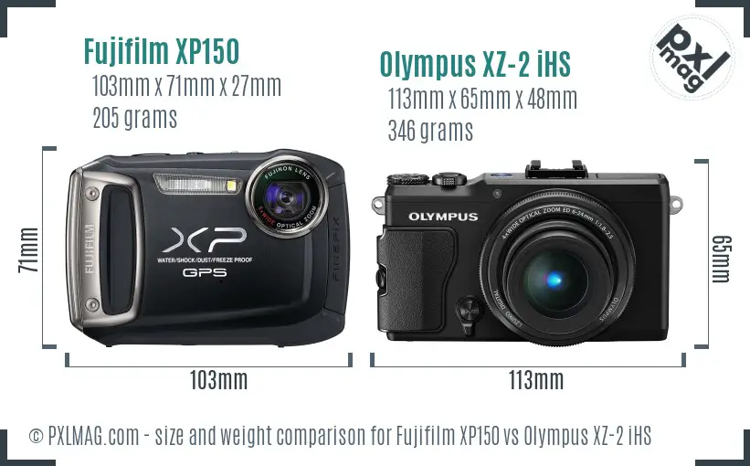 Fujifilm XP150 vs Olympus XZ-2 iHS size comparison
