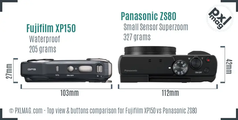 Fujifilm XP150 vs Panasonic ZS80 top view buttons comparison