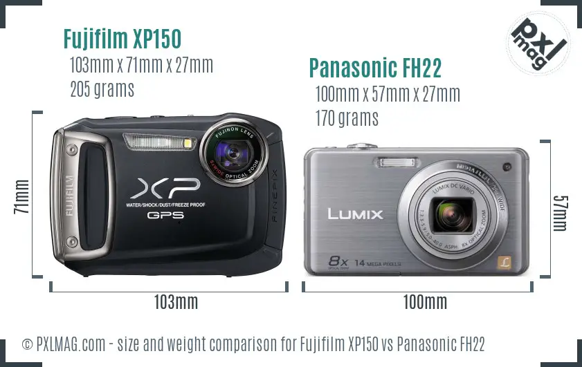 Fujifilm XP150 vs Panasonic FH22 size comparison