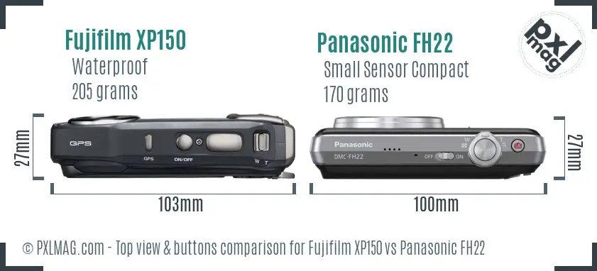 Fujifilm XP150 vs Panasonic FH22 top view buttons comparison