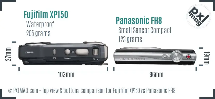 Fujifilm XP150 vs Panasonic FH8 top view buttons comparison Fujifilm XP150 vs Panasonic FH8 top view buttons comparison